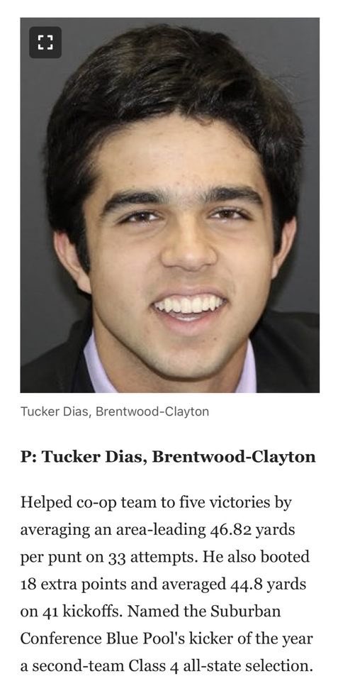 Tucker Dias (@dias_tucker) on Twitter photo Grateful to be named 1st Team All-Metro by <a href="/STLhssports/">STLhighschoolsports</a>! Thank you to my teammates, coaches, and family for making this achievement possible.
<a href="/BCGreyhoundFB/">Brentwood Clayton Football</a> <a href="/STLKickers/">SKP - Elite Special Teams Academy</a> Grateful to be named 1st Team All-Metro by <a href="/STLhssports/">STLhighschoolsports</a>! Thank you to my teammates, coaches, and family for making this achievement possible.
<a href="/BCGreyhoundFB/">Brentwood Clayton Football</a> <a href="/STLKickers/">SKP - Elite Special Teams Academy</a>