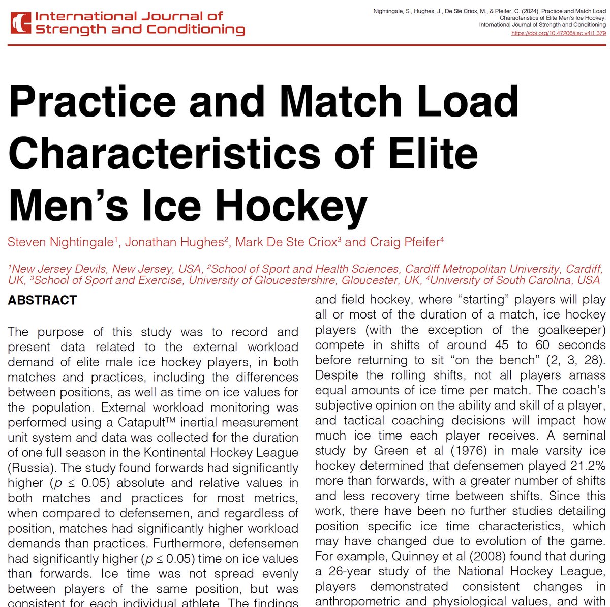 📢Our Last Article of 2024📢

🚨Published Today🚨

Practice and Match Workload Characteristics of Elite Men’s Ice Hockey

By Steven Nightingale, Jonathan Hughes, Mark De Ste Croix and Craig Pfeifer

📲Click the link below to read the full article for 🆓👇

journal.iusca.org/index.php/Jour…