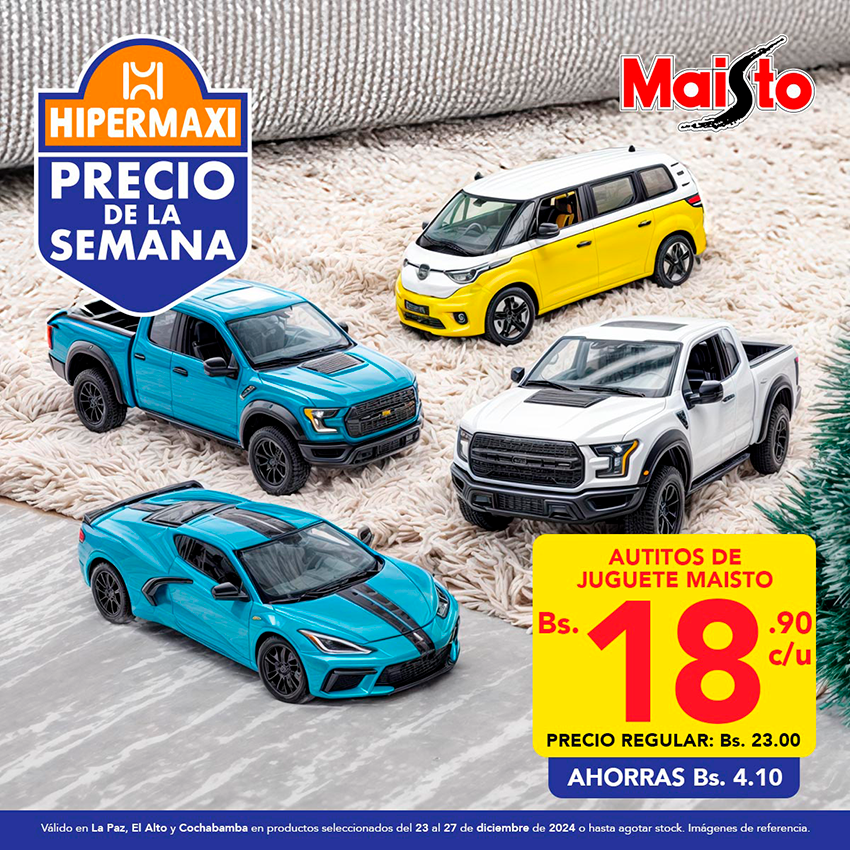 Promoenlinea's tweet photo. HIPERMAXI - Precio de la semana
AUTITOS DE JUGUETE MAISTO 18,90 Bs.- c/u
Hipermaxi, ¡Siempre los precios más bajos!
#Hipermaxi #PrecioDeLaSemana #preciosbajos #supermercado #oferta #descuento #navidad https://t.co/Ck72X0fGpd
