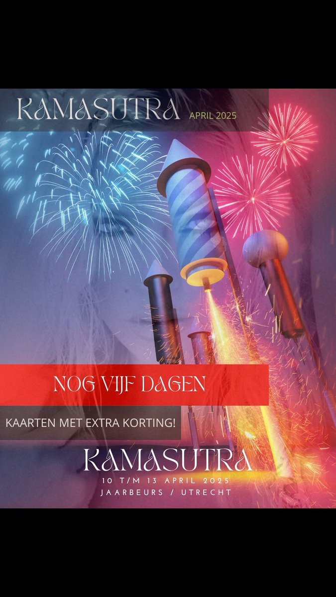 Holy Cracker! 🧨

Nog maar VIJF dagen tot de vroegboekkorting stopt! Vergeet je kaarten inclusief korting niet te bestellen vóór middernacht op 31 December. 

Voor kaarten: kamasutrabeurs.nl of via link in bio. kamasutra.blue.nl

Happy New Year! 🎇