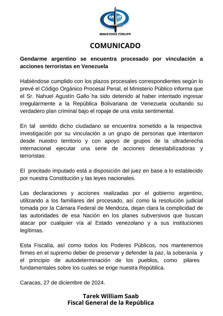 EmbaVECuba's tweet image. #Comunicado | Gendarme argentino es procesado por vínculos a acciones terroristas en #Venezuela. El Ministerio Público informó que el Sr. Nahuel Gallo, fue detenido tras intentar ingresar irregularmente al país, ocultando su plan criminal aparentando una visita sentimental.