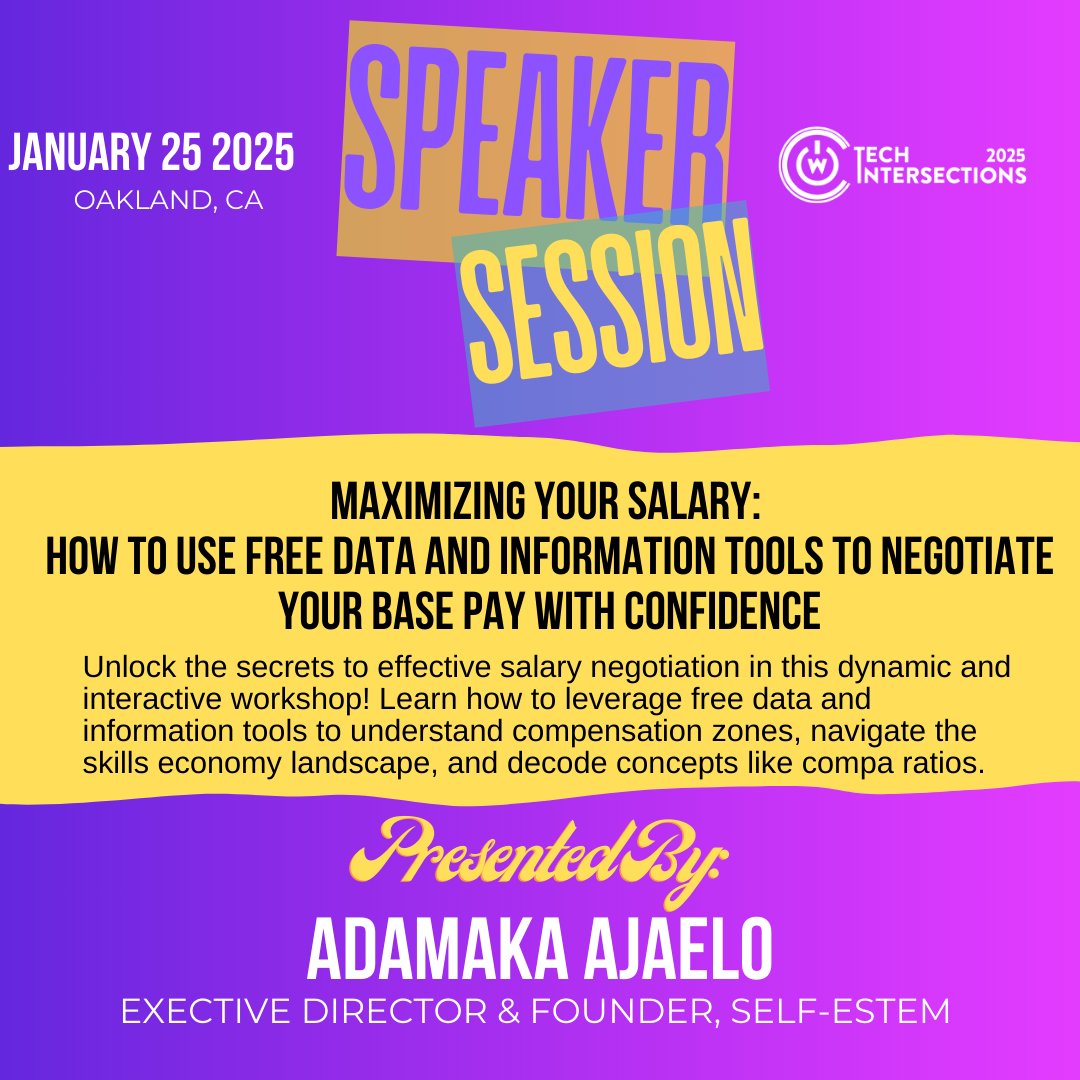 Learn how to confidently negotiate your salary and maximize your worth with Adamaka Ajaelo (<a href="/selfestemorg/">Self-eSTEM</a>). Join this and other sessions at #TechIntersections, happening Saturday, Jan 25, at #MillsCollege in #Oakland.
🎟️ Get your ticket today: techintersections.org/registration/
#WomenInTech