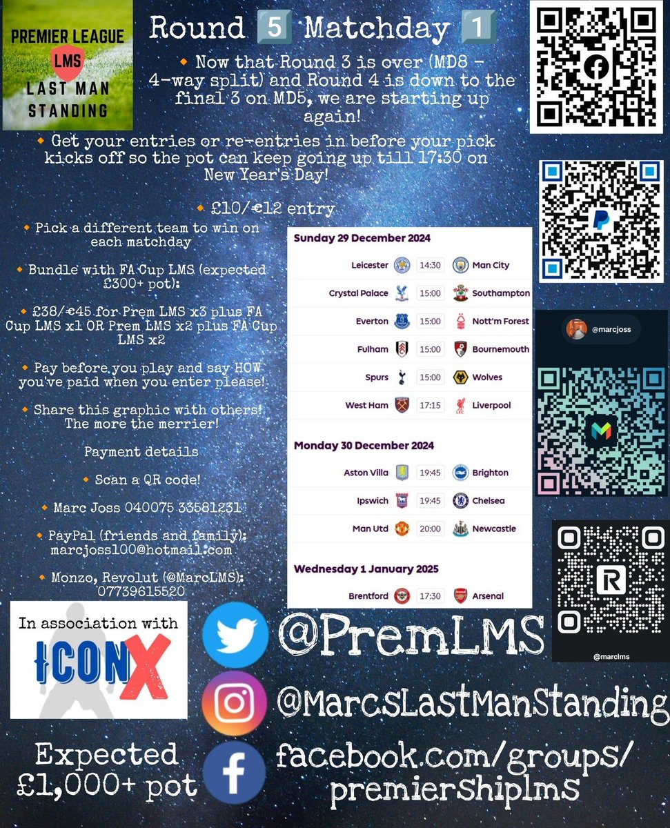 ⚽ Premier League LMS ⚽ (@premlms) on Twitter photo Round 5️⃣ Matchday 1️⃣
🔸🆕 #PremLMS on 29/30 December & New Year's Day
🔸Bundle with <a href="/FACupLMS/">🏆 FA Cup LMS 🏆</a> worth £40 for £38
🔸Get your picks in before your entry or re-entry kicks off
🔸£10/€12 entry - pay before you play and say how you've paid when you comment
facebook.com/groups/premier… Round 5️⃣ Matchday 1️⃣
🔸🆕 #PremLMS on 29/30 December & New Year's Day
🔸Bundle with <a href="/FACupLMS/">🏆 FA Cup LMS 🏆</a> worth £40 for £38
🔸Get your picks in before your entry or re-entry kicks off
🔸£10/€12 entry - pay before you play and say how you've paid when you comment
facebook.com/groups/premier…