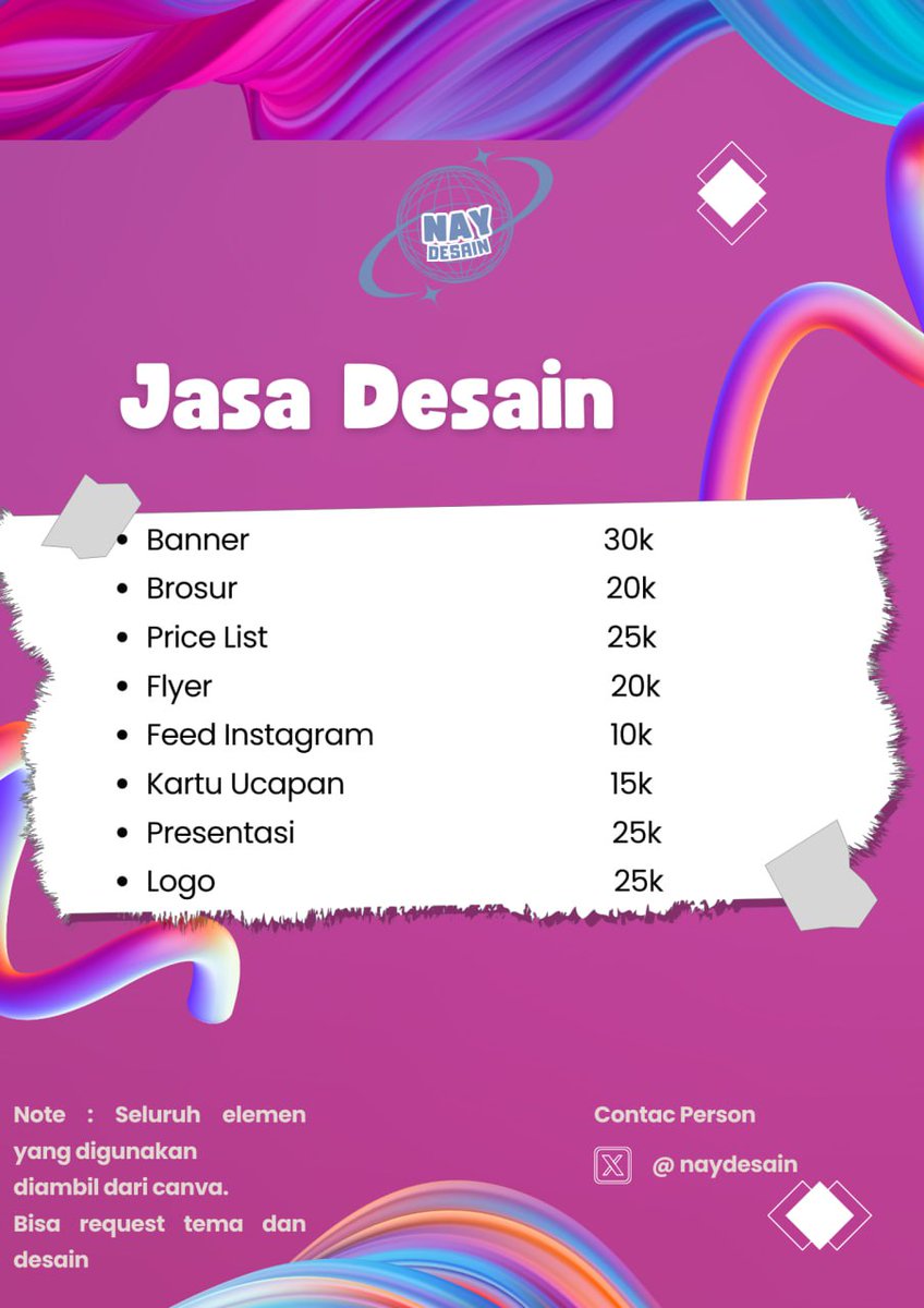 naydesain's tweet photo. haloo everyone butuh desain profesional dengan cepat dan sesuai keinginan? Aku siap membantu!
✔️ Banner
✔️ Brosur
✔️ Flyer
✔️ Feed Instagram 
✔️ Kartu ucapan
✔️ Presentasi
✔️ Logo
jika berminat bisa DM aku atau di bio aku ya🥰
#DesainKreatif #zonauang #jasaeditfoto https://t.co/AIgQt1vhTX