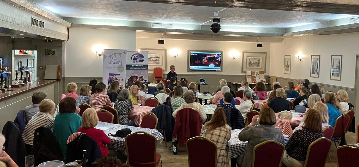 May 2024 Many thanks to Stamford Women’s Institute who invited us to talk to their members about #StamfordStreetPastors at the Danish Invader. Pictured: Katrina, Karen and Yvette (with our lovely knitted mascots!) &amp; Katrina doing a presentation;
