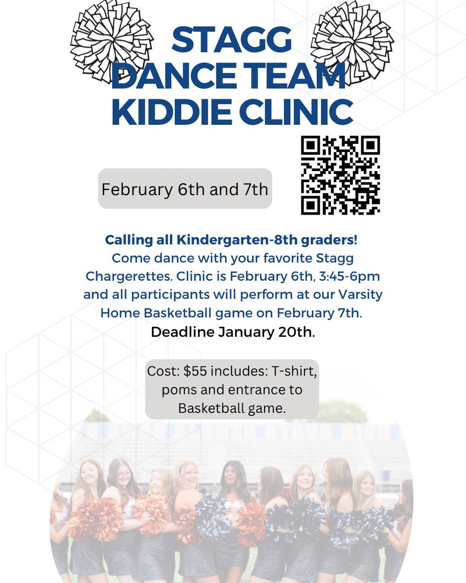 2025 Stagg Chargerettes Dance K-8th grade clinic. Come out and dance with the Chargerettes, Feb. 6, 2025 and Feb. 7, 2025 perform at a Varsity basketball game.
Any questions please reach out to Coach Latorre dlatorre@d230.org 
<a href="/StaggAthletics/">StaggAthletics</a> <a href="/NorthPalosSD117/">North Palos SD117</a> <a href="/PalosSD118/">Palos118</a>
