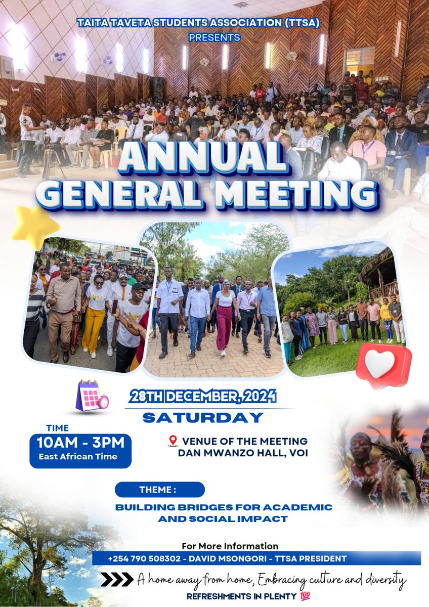 As #TTSA  We welcome all tertiary level students from Taita Taveta county for the Annual general meeting  this Saturday.
#empowering  youth education  skills and innovation.
#TTSA
#TTSAAGM@2
#OccupyStateHouse #EndAbductionsKE  Moses kuria Alai