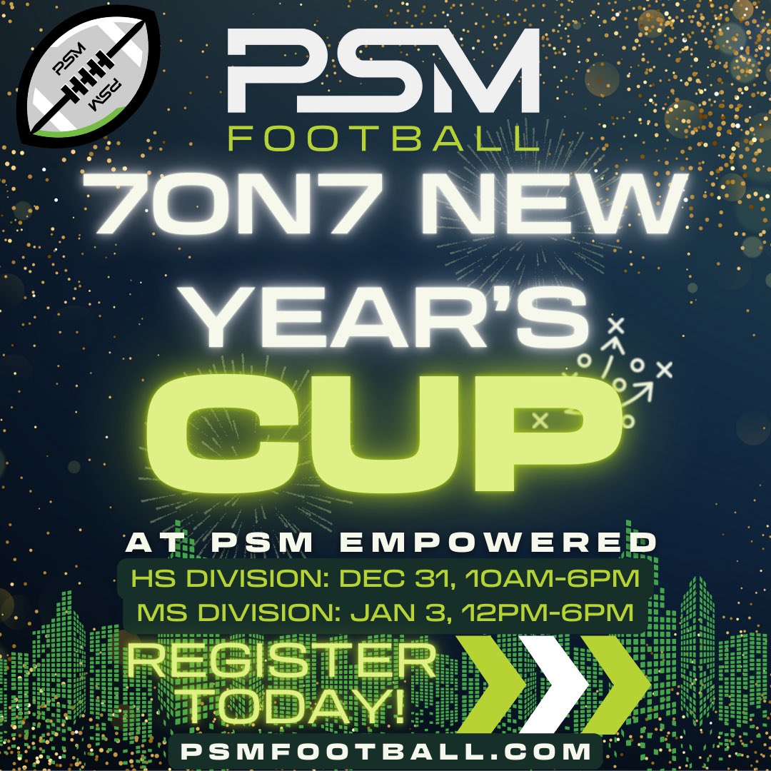 PSM Football (@psm_fb) on Twitter photo New Years Cup
High School Division
🗓️Tuesday, December 31st: 10:00 AM – 6:00 Pm
Middle School Division
🗓️Friday, January 3rd: 10:00 AM – 6:00 PM
💰15 an athlete
Register as an individual, and then email your teams to kmullen@psmfootball.com and/or bdavis@psmfootball.com New Years Cup
High School Division
🗓️Tuesday, December 31st: 10:00 AM – 6:00 Pm
Middle School Division
🗓️Friday, January 3rd: 10:00 AM – 6:00 PM
💰15 an athlete
Register as an individual, and then email your teams to kmullen@psmfootball.com and/or bdavis@psmfootball.com