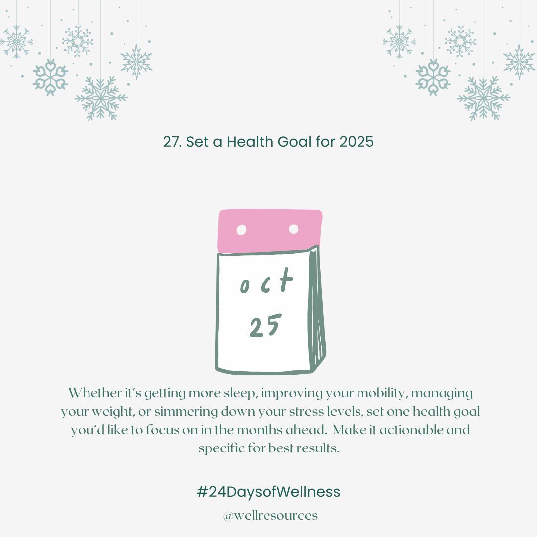 wellresources's tweet image. Use the downtime of the Holiday weekend to set your #healthgoal for the coming year.  Whether it’s #sleep, #mobility, #weightmanagement, or #stressreduction focused, set a SMART goal to help you achieve it. 
•
#LongevityLifestyle #WellnessResources #24DaysofWellness