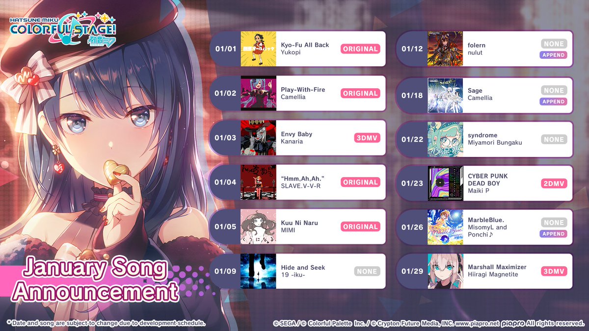 ColorfulStageEN's tweet photo. The song announcement for January is here~

Which song are you going to full combo first? 🤔 https://t.co/OS9GybB5Xm