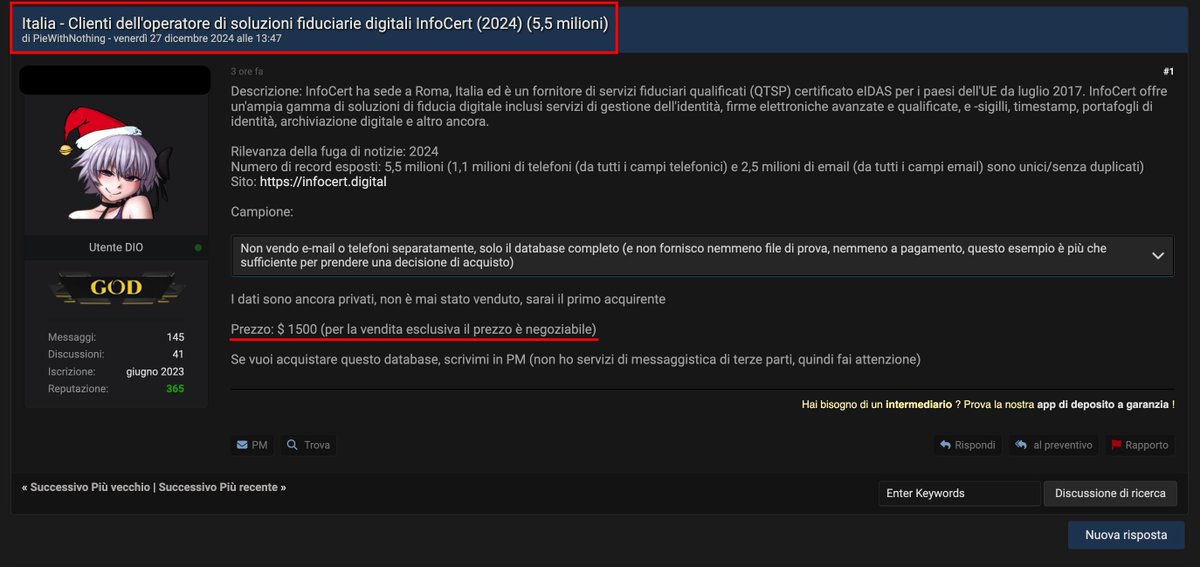 Claudio (@sonoclaudio) on Twitter photo 🇮🇹 Database <a href="/InfoCert_it/">Tinexta infocert</a> in vendita su un noto forum.
Secondo il venditore, il DB contiene:
▪️5,5 milioni di record;
▪️1,1 milioni di numeri di telefono;
▪️2,5 milioni di indirizzi email;
Nel sample pubblicato, anche nomi e cognomi e codici fiscali.
Cc/ <a href="/GPDP_IT/">Garante Privacy</a> 🇮🇹 Database <a href="/InfoCert_it/">Tinexta infocert</a> in vendita su un noto forum.
Secondo il venditore, il DB contiene:
▪️5,5 milioni di record;
▪️1,1 milioni di numeri di telefono;
▪️2,5 milioni di indirizzi email;
Nel sample pubblicato, anche nomi e cognomi e codici fiscali.
Cc/ <a href="/GPDP_IT/">Garante Privacy</a>