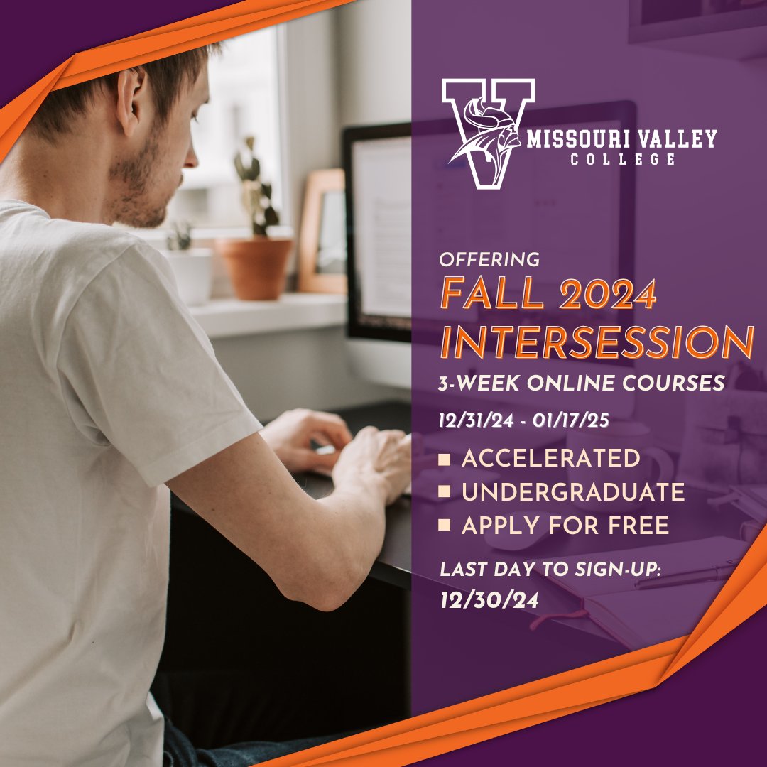 missourivalley's tweet photo. โฐ Reminder! โฐ Fall Intersession starts on 12/31/24!
The last day to sign up is Monday, December 30โdonโt wait!
๐ Secure your spot today and start the new year strong!
View Course Offerings: https://t.co/lAXJ8cTarG
#FallIntersession #DeadlineReminder #LastChance #GetAhead https://t.co/P5PFQpPgKr
