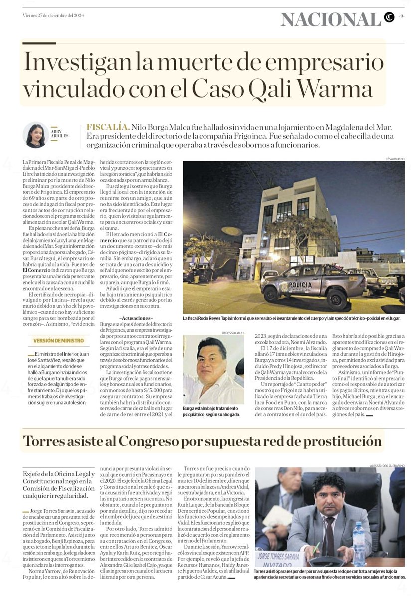 En una sola página:
- Rara muerte de investigado por corrupción en programa de alimentos para niños, muchos de ellos pobres.
- Presunta red de prostitución en el Congreso, otra muerte al medio.
Difícil caer más bajo.
Mientras tanto presidenta sube RMV y se endeuda por Petroperu.