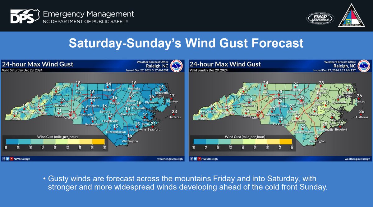 NCEmergency's tweet photo. Hazardous Weather Update: 
• Periods of moderate to heavy rainfall over the weekend is expected, with the heaviest expected across the southern mountains.
• Strong to severe storms are possible Sun across the state, capable of producing damaging wind gusts and a few tornadoes. https://t.co/jrvSPd5e2s