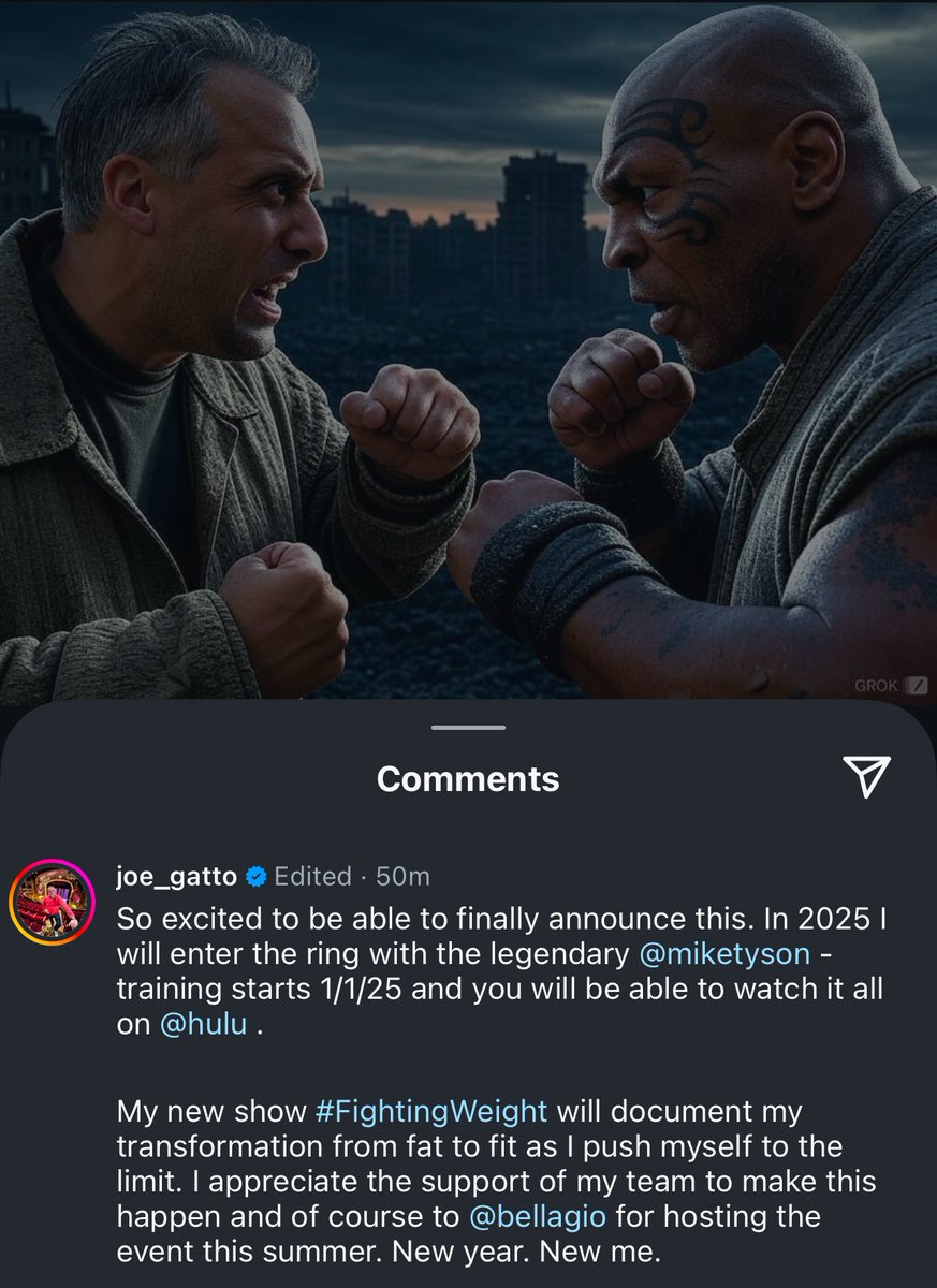 Impractical Jokers comedian Joe Gatto on Instagram today claiming he’s beginning training camp in January to fight Mike Tyson on Hulu in 2025. No further information but this is likely apart of his tour. [<a href="/Joe_Gatto/">Joe Gatto</a> IG]