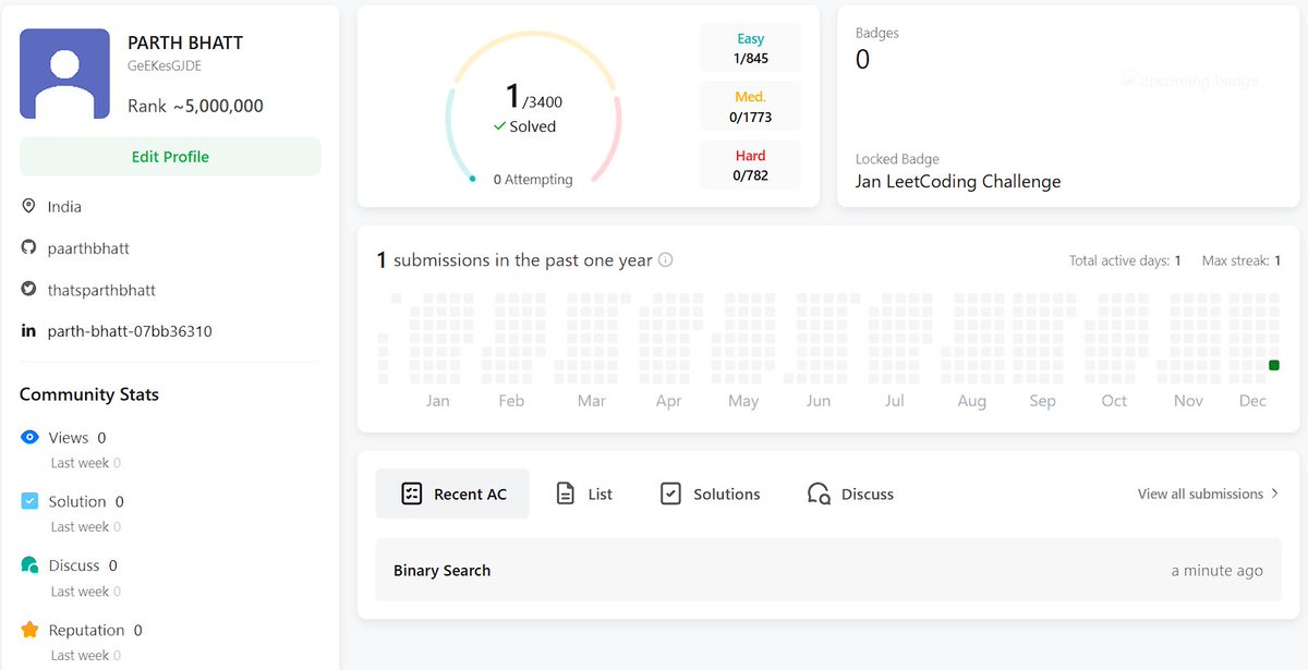 thatsparthbhatt's tweet photo. Finally solved my first-ever LeetCode problem.💡The grind has begun, and the goal is set: 300+ by next year. Every line of code is a step closer to mastery! Let’s conquer one problem at a time. 💻✨🚀 #DSAJourney #CodingGoals #Leetcode https://t.co/Icvb5khKDe