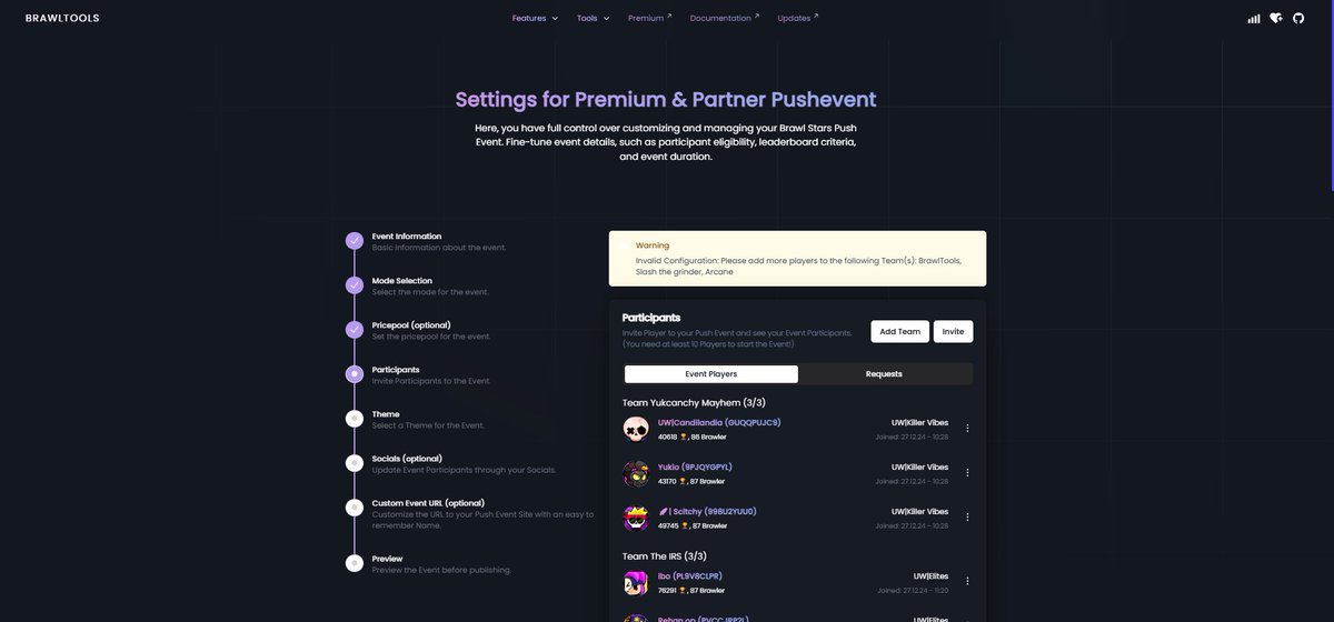 Introducing: PushEvent

The perfect tool to host exciting events in your community! Choose between tracking total pushed trophies or awarding stars based on pushed brawler ranks, ensuring a fair competition for all skill levels.

Bring your community together and make every push