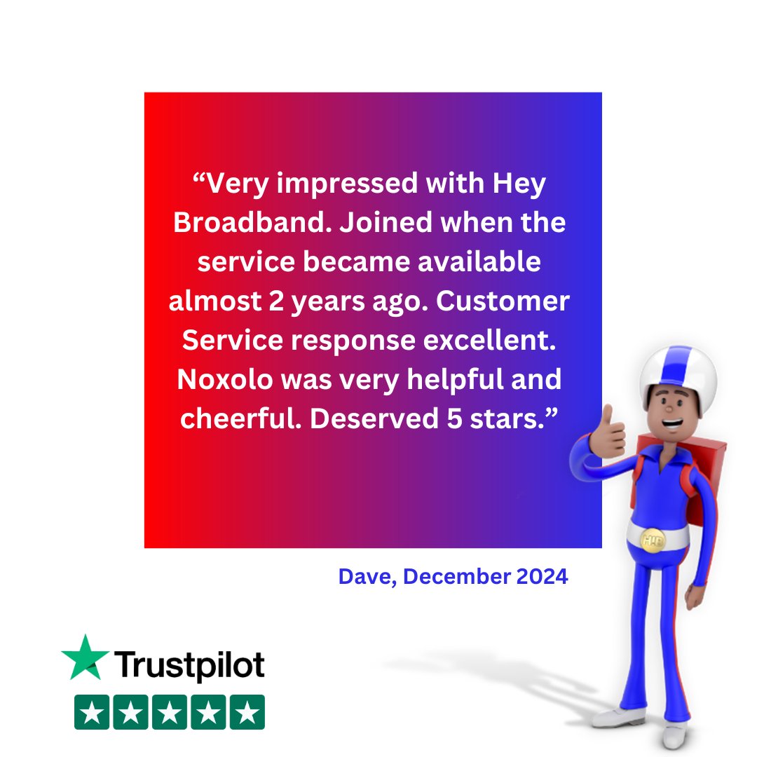 Another beaming 5 star review from one of our loyal customers!
Switch to Hey! Broadband and experience the Full Fibre feeling today heybroadband.co.uk