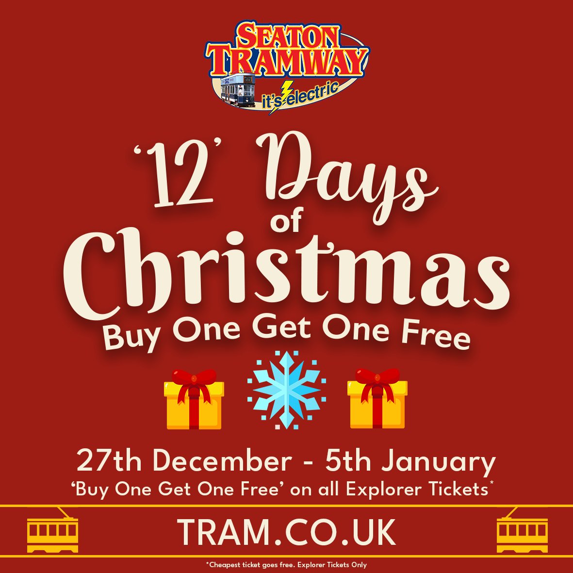 🎄🚋 Seaton Tramway's '12 Days of Christmas' Special Offer! 🚋🎄

From 27th December to 5th January, enjoy Buy One Get One Free on all Explorer Tickets! 🥳

👉 Book now at tram.co.uk 

#SeatonTramway #12DaysOfChristmas #FestiveFun #BOGOF #WinterAdventures