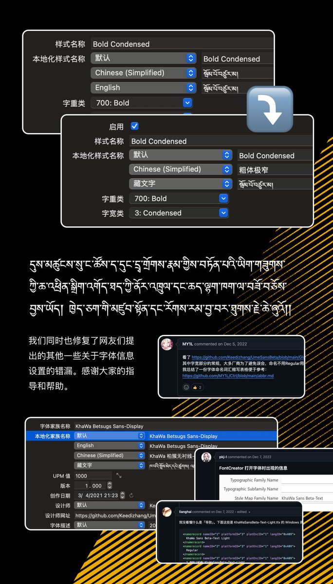 When we released the beta version, in order to popularize the newly translated Tibetan terms by @ཕུན་ཚོགས་དབང་རྒྱལ། and <a href="/DhondapD/">︎དོན་གྲུབ།☻Dorjee</a> (དོན་གྲུབ་རྡོ་རྗེ།). We deliberately filled the Tibetan font style descriptions, such as སྦོམ་པོ་བཙུར་མ། Bold Condensed, into the English…