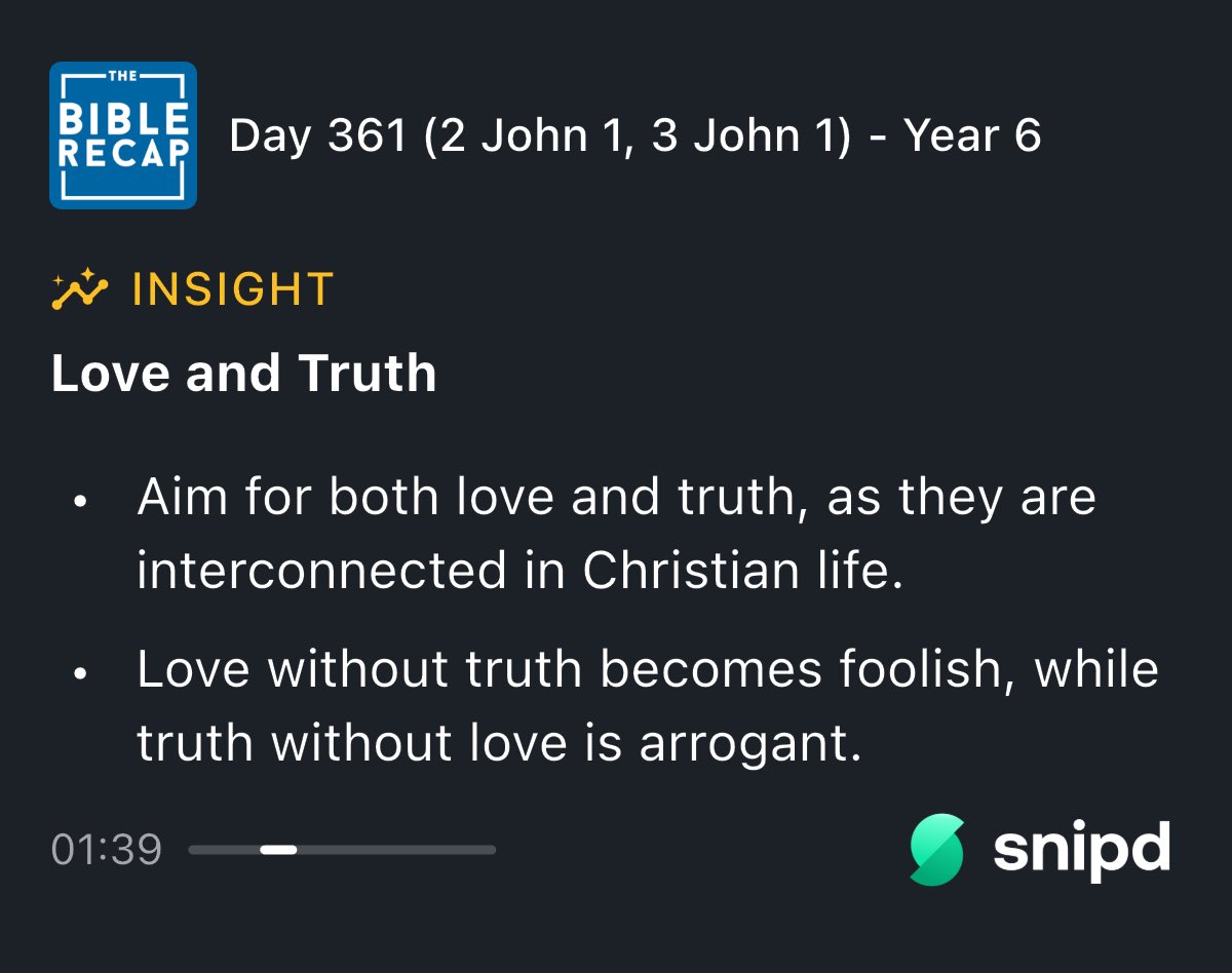 josh_levitt's tweet photo. Love and Truth

- Aim for both love and truth, as they are interconnected in Christian life.
- Love without truth becomes foolish, while truth without love is arrogant.

Snipped from The Bible Recap - Day 361 (2 John 1, 3 John 1) - Year 6.

⁦@TheBibleRecap⁩ https://t.co/pX1R8cZZxY