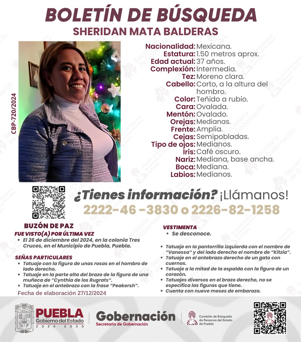Solicitamos su colaboración para la pronta localización de Sheridan Mata Balderas vista por última vez en el Municipio de Puebla, Puebla.
¿Tienes información? ¡Llámanos! 2226821258