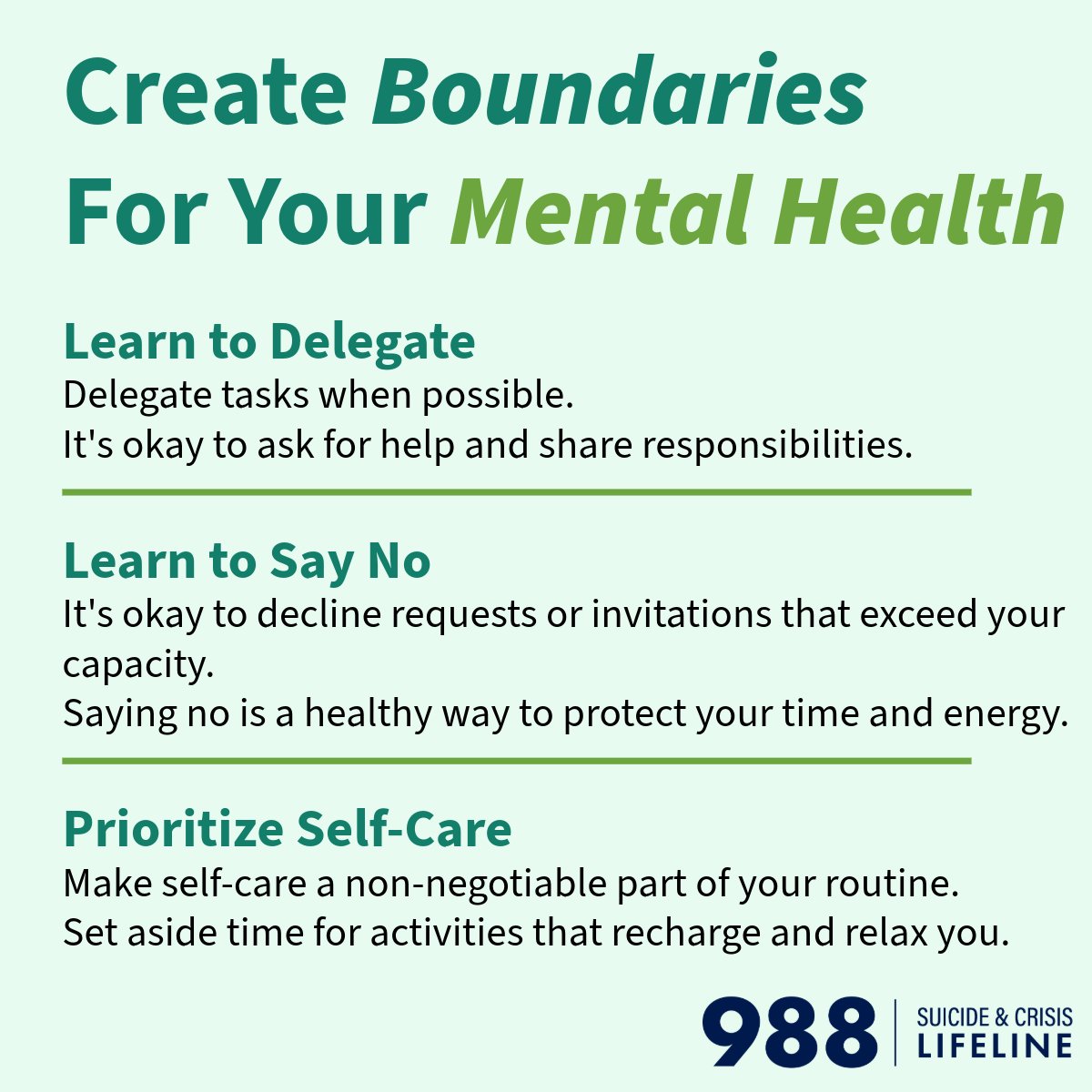 Creating boundaries for #MentalHealth is crucial for well-being and preventing burnout. Here are steps to establish and maintain healthy boundaries: 

✅ Delegate 
✅ Learn to say no 
✅ Prioritize self-care

#988Lifeline