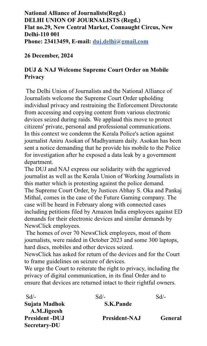 DUJ1949's tweet photo. DUJ welcomes the Supreme Court Order upholding individual privacy &amp; restraining the Enforcement Directorate from accessing&amp;copying content from various electronic devices seized during raids. We applaud this move to protect citizens' private, personal&amp;professional communications. https://t.co/9lisAhtgFe