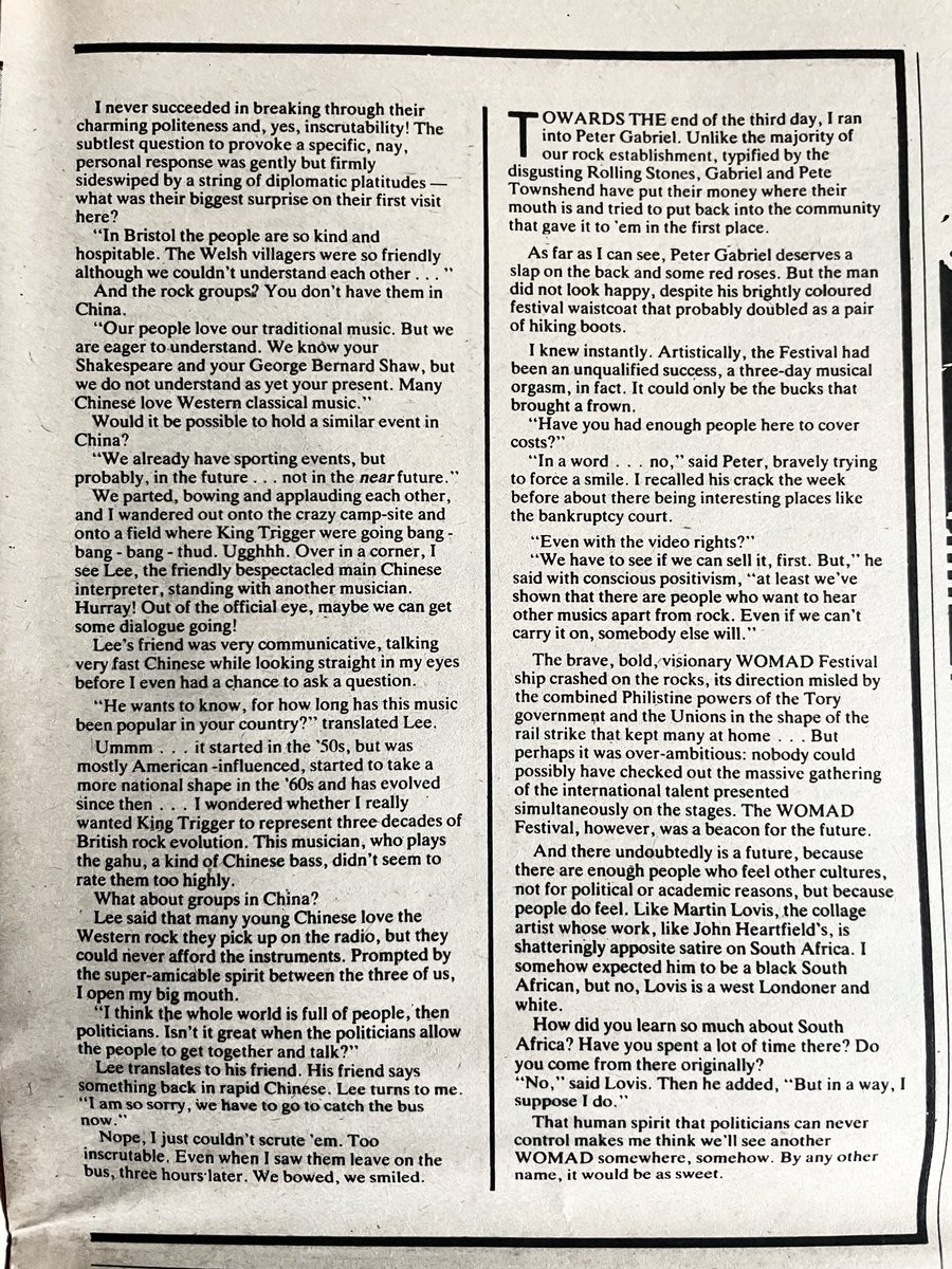 Peter Gabriel, The Drummers of Burundi, Echo &amp; The Bunnymen, Pigbag, The Beat, Rip Rig &amp; Panic, Tian Jin, Musicians Du Nil, more.
WOMAD, reviewed by Vivien Goldman.
Pics by Pennie Smith.
New Musical Express, 24 July 1982.
<a href="/Will_Fuzz/">Will Sergeant</a> <a href="/lespattinson1/">Leslie Pattinson</a> <a href="/BunnymenMedia/">Echo & The Bunnymen Media</a> <a href="/BunnymenDaily/">Bunnymen Daily</a>