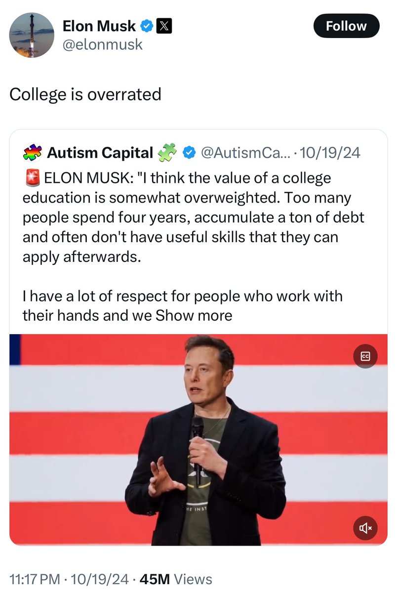 Elon Musk: College is overrated.

Also Elon Musk: Don’t cry when I hire foreigners to do jobs at my companies because you’re not educated enough.