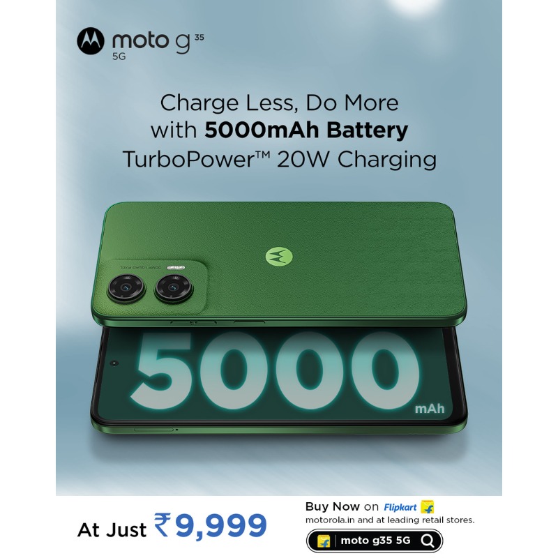 motorolaindia's tweet photo. The #MotoG35 5G is built to keep up with your day with a 5000mAh battery and 20W TurboPower™ charging so that binge movies, chat nonstop, and stay connected, all the time.
Buy now at ₹9,999 @Flipkart, https://t.co/azcEfy2uaW, and at leading retail stores.
#Motorola #ExtraaHai