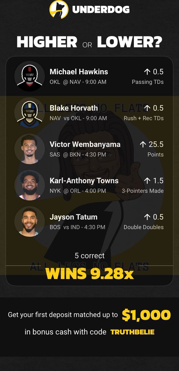 alllegsnoflats's tweet image. +928 Early morning special… 5 leg Oklahoma vs Navy + NBA parlay… @UnderdogFantasy y’all owe me after yesterday’s shenanigans 

⚠️ Tail wisely and responsibly ⚠️

Click link to tail… play.underdogfantasy.com/es-d8sAsHsz6r