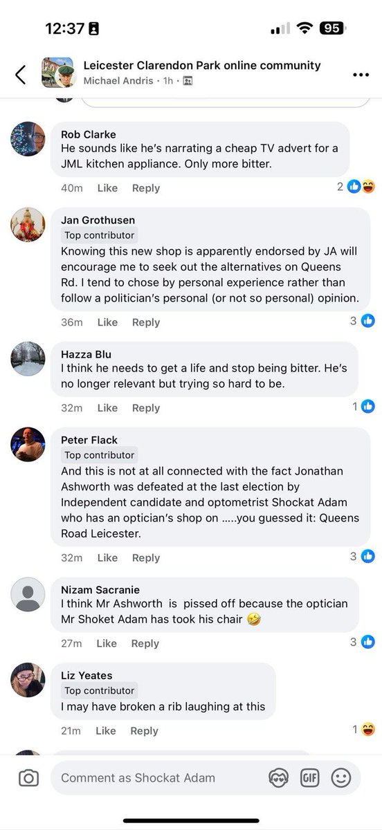 Is this Britain's sorest loser?

In July, <a href="/JonAshworth/">Jonathan Ashworth</a> was defeated by independent candidate <a href="/ShockatAdam/">Shockat Adam MP</a>.

Shockat is an optician.

A new optician opened opposite him. See what Ashworth posted, and the response.

Ashworth went on to delete the post.