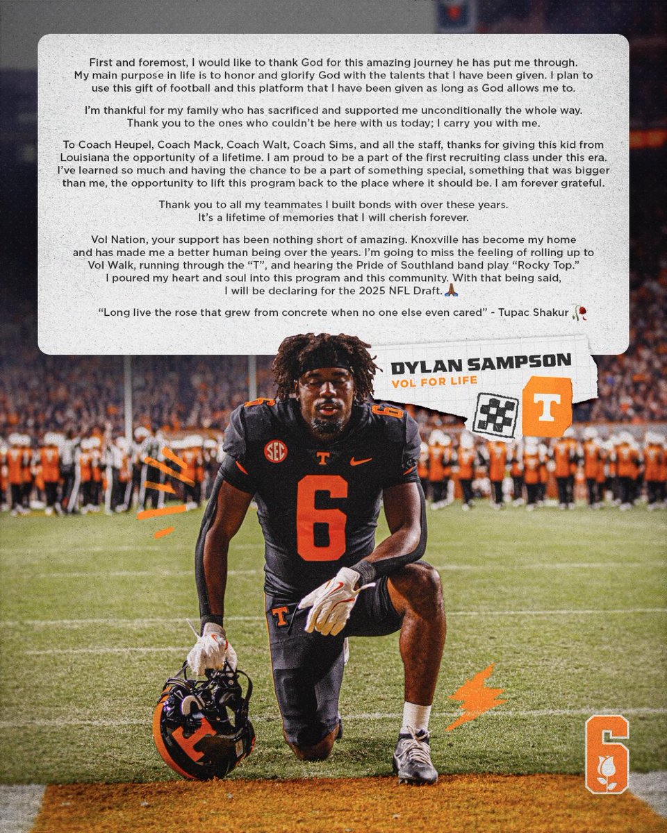 BarstoolTenn's tweet photo. Dylan Sampson has declared for the NFL draft. Go be great. 

“Long live the rose that grew from the concrete when no one else even cared” https://t.co/VX5i1wLvRD