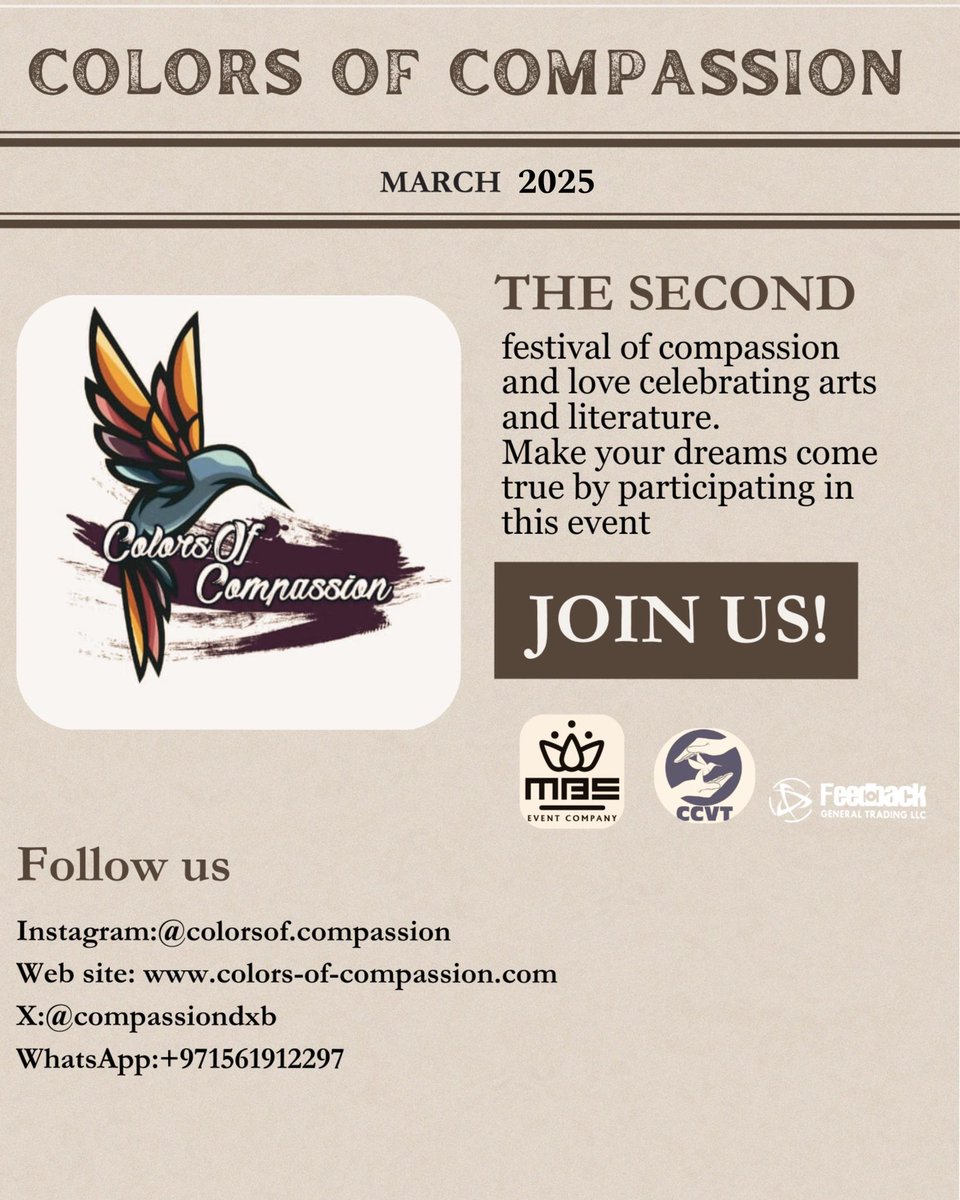 Compassiondxb's tweet photo. 🌟 Join the 2nd International Colors of Compassion Arts Festival! Celebrate arts, literature, and human values like peace, love, and tolerance. Make your dreams come true by participating!

👉 [https://t.co/rxvxxhAiRt]
#ColorsofCompassion #ArtsFestival #Peace #Love #GlobalArtists https://t.co/JFEd6Gx1H4