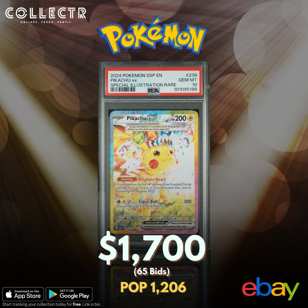 getcollectrapp's tweet image. A #PSA 10 #Pikachu ex SIR from the #SurgingSparks set just sold in auction on #eBay for $1,700.

#pokemontcg #collectibles #pokemoncards #pokemoncommunity #pokemoncollector #PokemonCollection #PokemonCardCollector #PokemonCardGame #PokemonCardArt