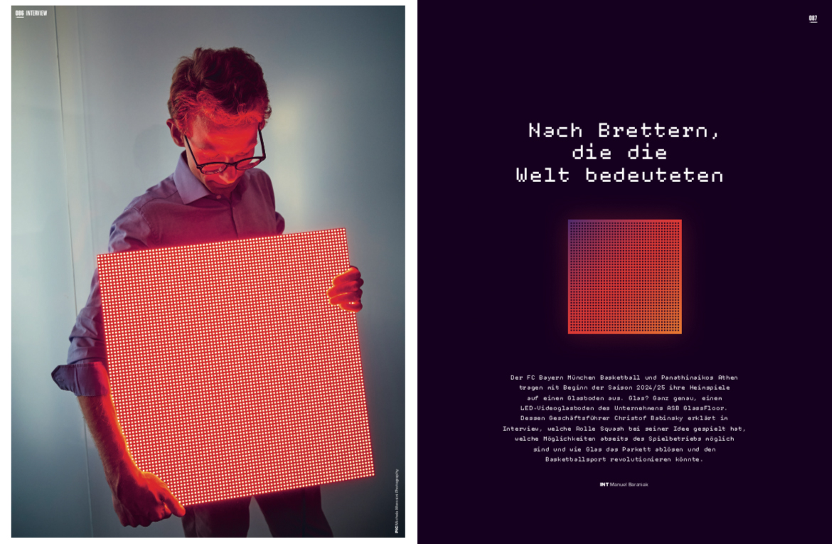 Bayern gegen Pana, oder: zwei Teams, die auf Glas spielen. Und zwar auf dem von ASB GlassFloor. Mit dessen Geschäftsführer Christof Babinsky habe ich für das GOT NEXXT! Mag darüber gesprochen, warum Glas das Parkett ablösen und den Basketballsport revolutionieren könnte.