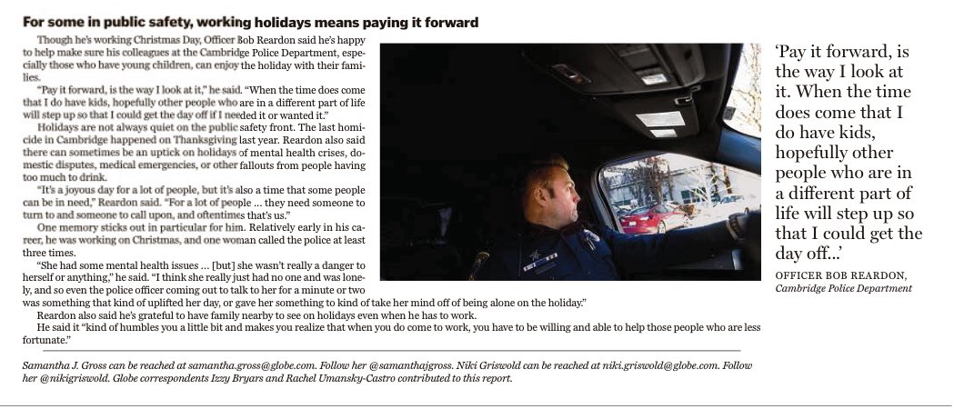 cppoa1969's tweet photo. Yesterday @BostonGlobe featured a story highlighting those who worked on Christmas Day. Among those interviewed was CPD Officer Reardon. The CPPOA is grateful to all those who worked the holiday.
Read the Full Article Here: https://t.co/7Faqii2p3m https://t.co/Tk846lYkXu