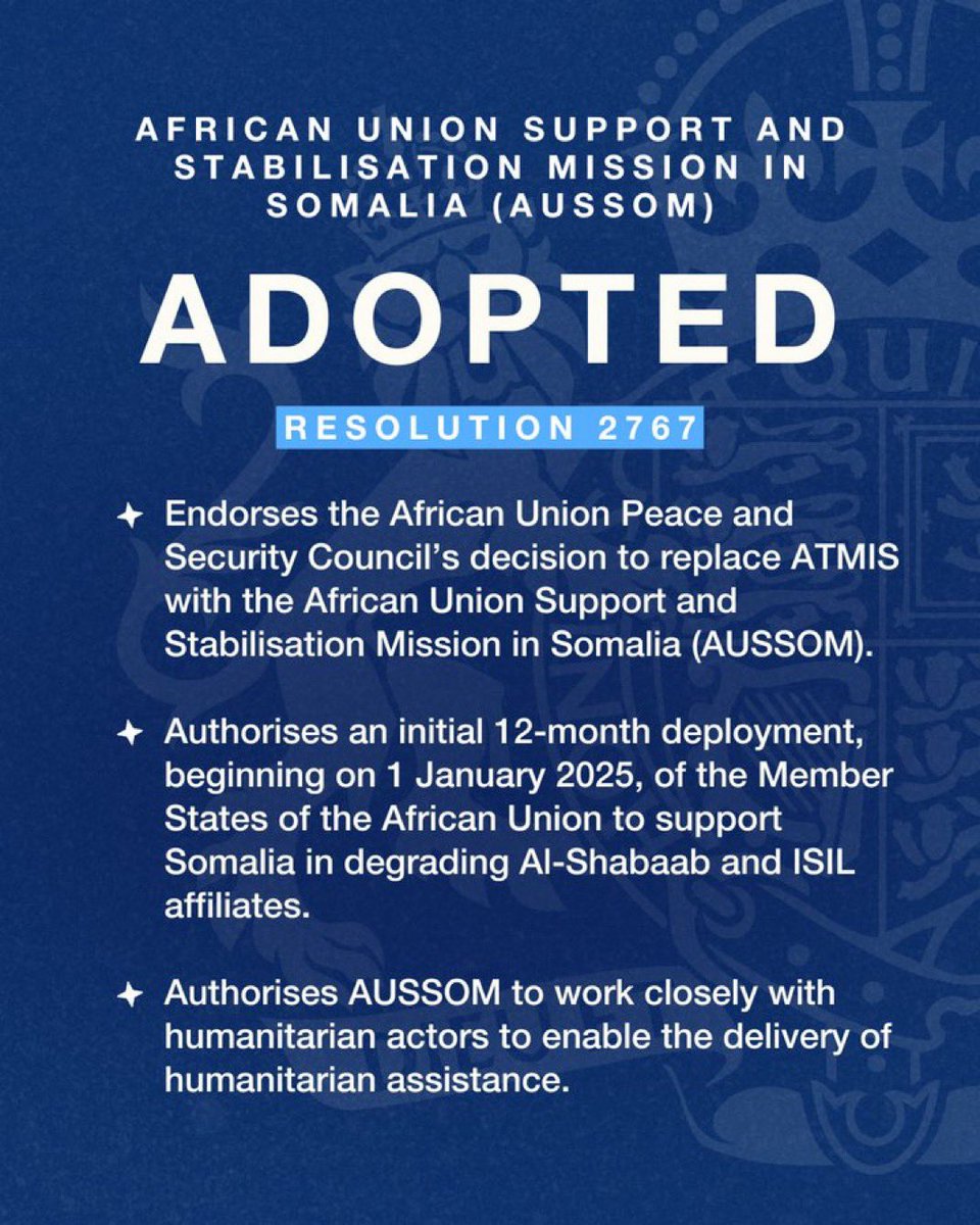 The Security Council has authorized the deployment of the African Union Support and Stabilisation Mission in #Somalia (#AUSSOM) – the successor to <a href="/ATMIS_Somalia/">ATMIS</a> – with support from @UNSOS.

The Security Council reaffirmed its commitment to supporting Somalia’s stability,