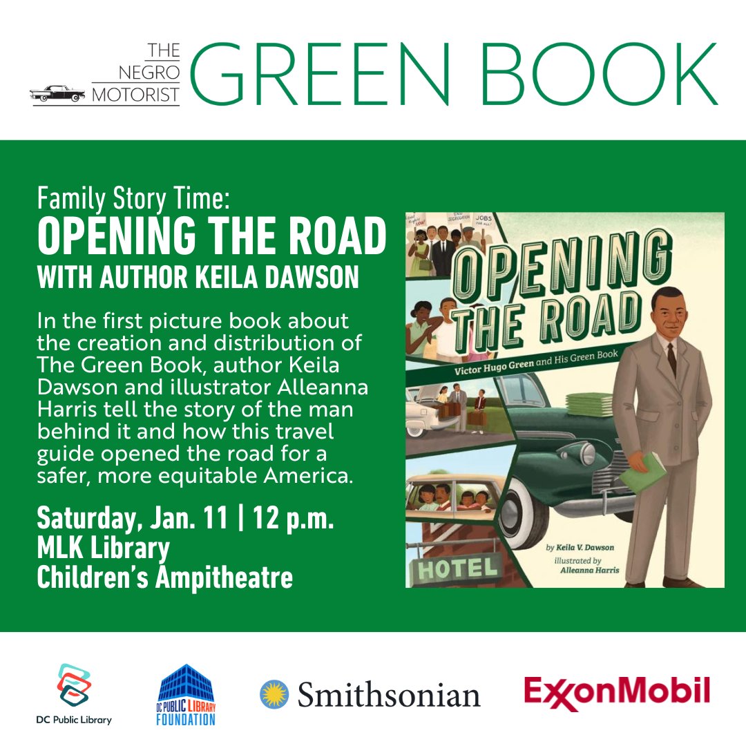 📖Join us for Family Story Time: Opening the Road with Keila V. Dawson! Celebrate The Negro Motorist Green Book exhibit with this interactive session featuring her book Open the Road. 

🗓️ Sat, Jan 11 | 12-1 PM 
📍 MLK Library, Children's Amphitheatre
🔗 bit.ly/3BxLmMs
