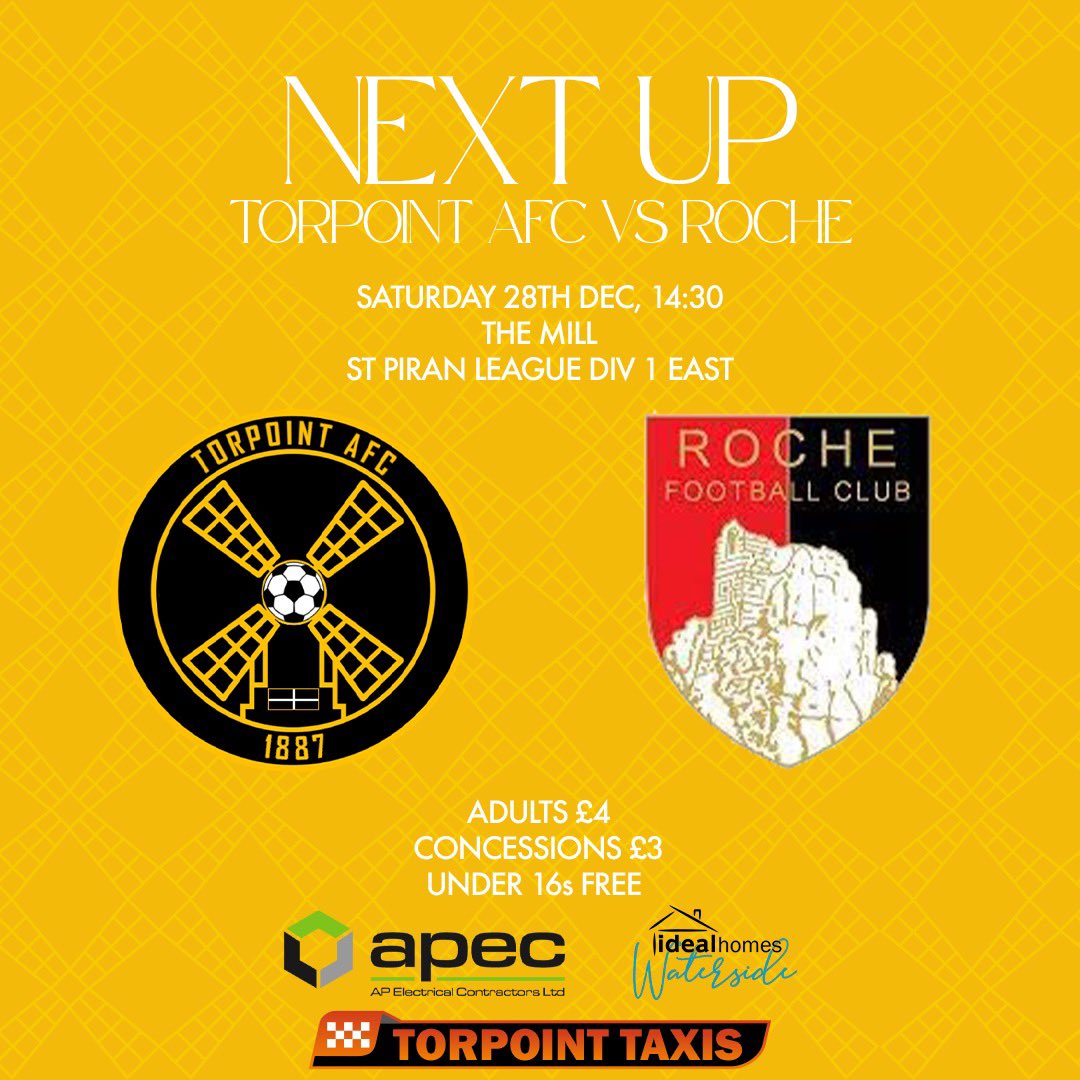 Torpoint AFC (@torpointafc) on Twitter photo โฝ๏ธ | ๐๐ ๐๐๐๐ ๐ผ๐ ๐๐๐ ๐๐๐๐
Come down to the Mill tomorrow as the third team entertain Roche in the St Piran League Division 1 east.
Clubhouse open from 12
14:30 Kick Off
๐ | ๐๐ ๐๐๐ ๐๐๐ผ๐ฟ
The Seconds are away to St Blazey
#upthepoint โฝ๏ธ | ๐๐ ๐๐๐๐ ๐ผ๐ ๐๐๐ ๐๐๐๐
Come down to the Mill tomorrow as the third team entertain Roche in the St Piran League Division 1 east.
Clubhouse open from 12
14:30 Kick Off
๐ | ๐๐ ๐๐๐ ๐๐๐ผ๐ฟ
The Seconds are away to St Blazey
#upthepoint