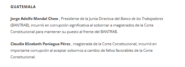 Factor4_GT's tweet photo. #URGENTE | El Departamento de Estado de #EEUU ha designado a dos guatemaltecos en la lista #Engel de actores corruptos y antidemocráticos. Se trata de Jorge #Mondal quién según el reporte del @StateDept sobornó a magistrados de la @CC_Guatemala para mantener su puesto en @BANTRAB, además la magistrada Claudia #Paniagua, quién habría aceptado sobornos a cambio de fallos favorables en la @CC_Guatemala. 
https://t.co/Ba2wJuwmf9