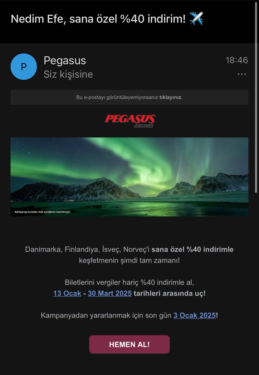 Bildirim geliyor, “iskandinavya sana ozel %40!” Sanmam ama hadi bakiyim diyorum madem o kadar uygun.. Netice, 18bin kusurden 16bin kusure indirim, yersen.. ne cesit bir kurgu bu?! <a href="/flymepegasus/">Pegasus Airlines</a> <a href="/pegasusdestek/">PegasusDestek</a>