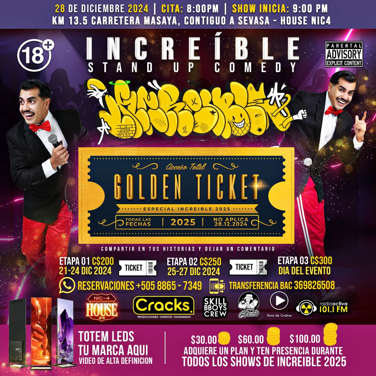 I N C R E I B L E 
28 de Diciembre 2024
House Carretera Másaya. 

En IG estamos regalando ese golden Ticket para un Año de Shows GRATIS.

Por ahí nos vemos.