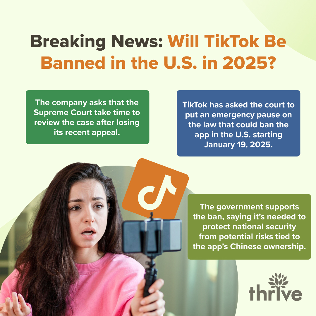#SocialMediaNews alert! 📲🚨 Unless it finds a new owner, #TikTok could face a nationwide ban. Leaning on other platforms may be the only way to stay connected with your audience. 

Follow #Thrive to stay up to date!
#MarketingStrategy