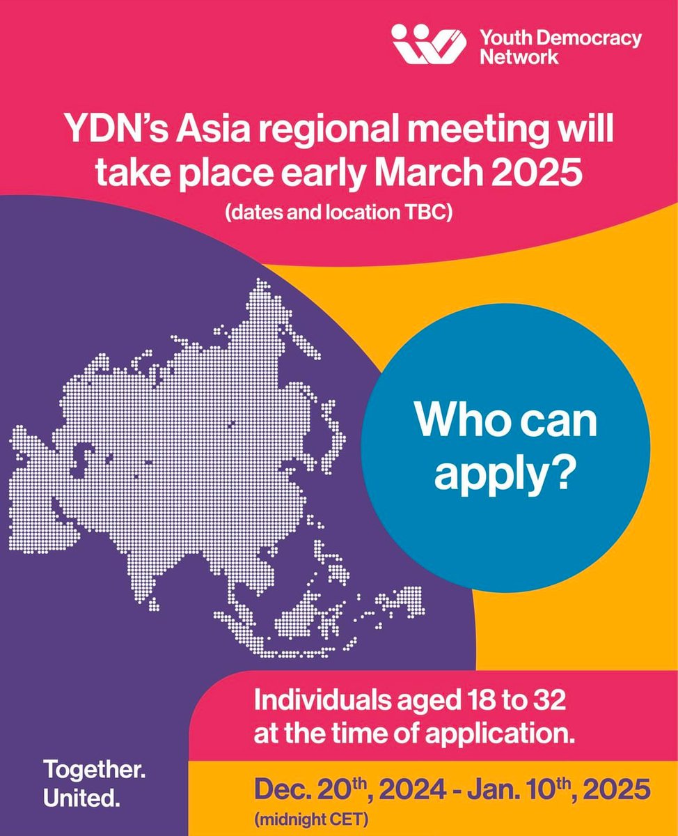 🚨 Applications open for the Youth Democracy Network  in Asia!

Are you 18-32 and passionate about advancing democratic values? Join YDN to connect with leaders, develop skills, and create change!

🗓️ by Jan 10, 2025
🔗 Apply: shorturl.at/cuEM5