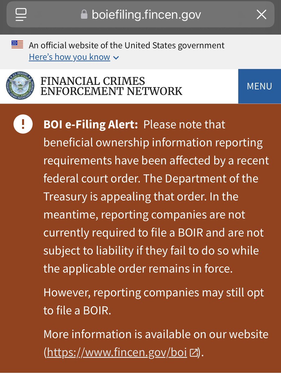 While FinCEN has not placed an alert on their main FinCEN BOI website that the CTA injunction is now back in effect, if you go to the filing website, it is up there.

Of course, they are appealing again. 
Small biz needs certainty. This whole situation has been absurd and evil.