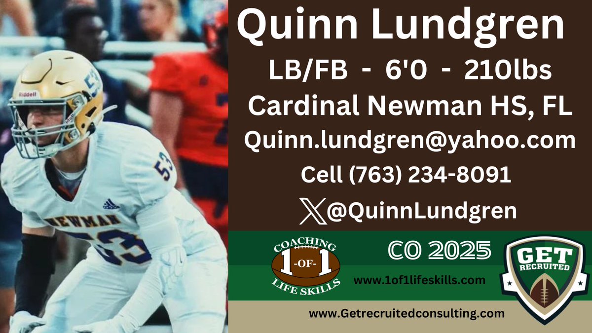 Get Recruited (@get__recruited) on Twitter photo Quinn Lundgren - CO 2025 - LB/FB - 6'0, 210lbs - 4.1 GPA - Athletic, physical, explosive, good blitzer. Cardinal Newman HS, FL - Profile: app.productiverecruit.com/profile/quinn-โฆ <a href="/QuinnLundgren/">Quinn Lundgren</a> <a href="/ButlerUFootball/">Butler Football</a> <a href="/DavidsonFB/">Davidson Football</a> <a href="/DaytonFootball/">Dayton Football</a> <a href="/DrakeBulldogsFB/">Drake Football</a> <a href="/Marist_Fball/">Marist Football</a> @1of1lifeskills #coach Quinn Lundgren - CO 2025 - LB/FB - 6'0, 210lbs - 4.1 GPA - Athletic, physical, explosive, good blitzer. Cardinal Newman HS, FL - Profile: app.productiverecruit.com/profile/quinn-โฆ <a href="/QuinnLundgren/">Quinn Lundgren</a> <a href="/ButlerUFootball/">Butler Football</a> <a href="/DavidsonFB/">Davidson Football</a> <a href="/DaytonFootball/">Dayton Football</a> <a href="/DrakeBulldogsFB/">Drake Football</a> <a href="/Marist_Fball/">Marist Football</a> @1of1lifeskills #coach