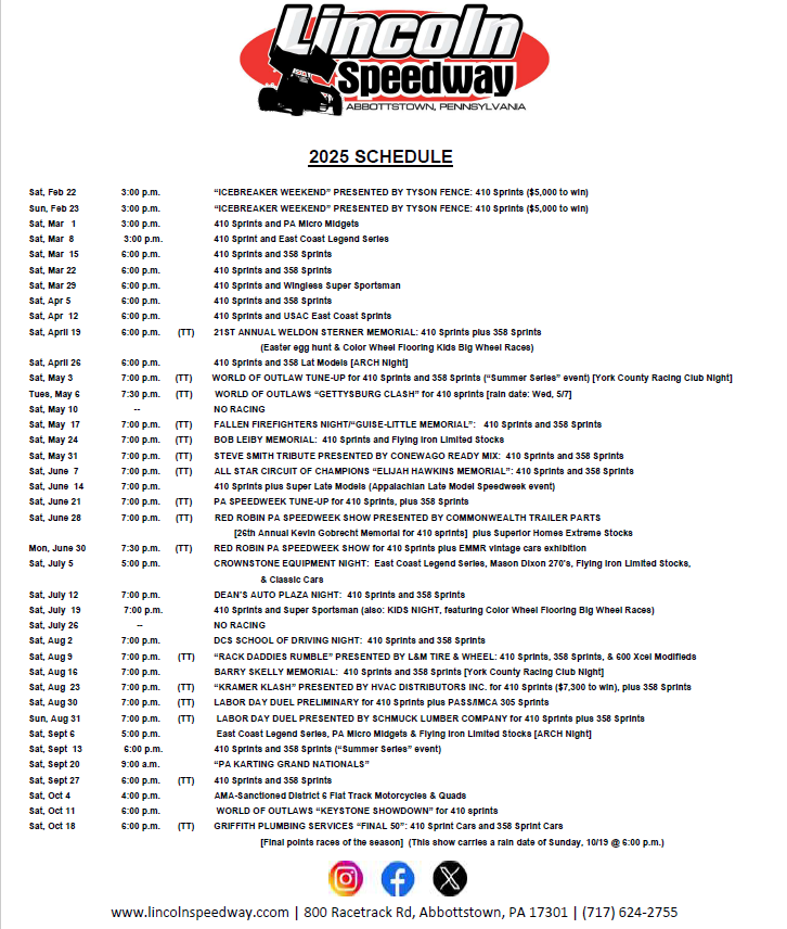 lincolnspeedway's tweet photo. 📢 2025 SCHEDULE ANNOUNCED! 🏁

The wait is over, race fans! The 2025 Lincoln Speedway schedule is here, and it’s packed with must-see events!

Mark your calendars and get ready for an unforgettable season at the Fabulous Lincoln Speedway! 🏆 https://t.co/LNLaYLjA5K