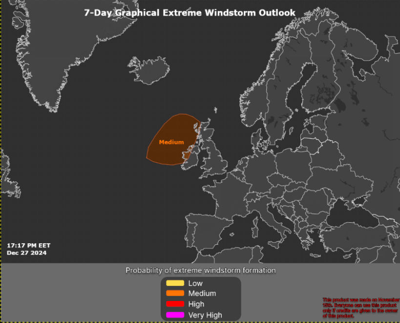 StormTrackerEU's tweet photo. 7-Day Graphical Extreme Windstorm Outlook
Issued: 17:17 PM Eastern European Time December 27 2024.
Valid: 28.12-02.01
No Discussion Will Be Made Because Our Website Is Undergoing Maintenance. Stay Tuned!
#weather #windstorm #mediumrisk #wind #Europe
@WXWatcher07 https://t.co/jXOB0EMhAB